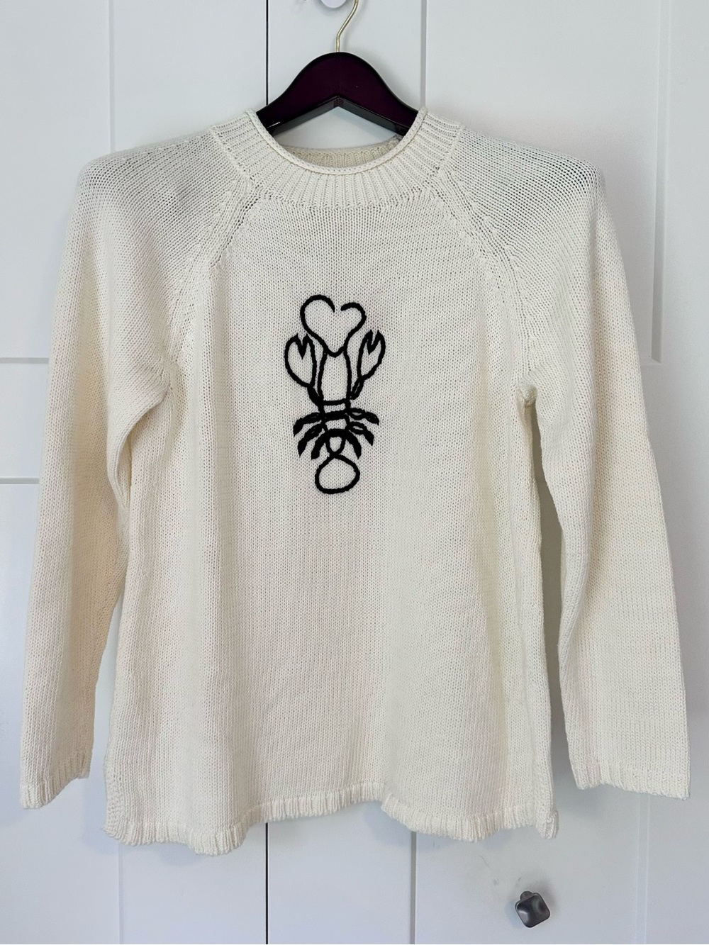 Talbots Cream Knit Sweater with Navy Lobster Embroidered Design EUC